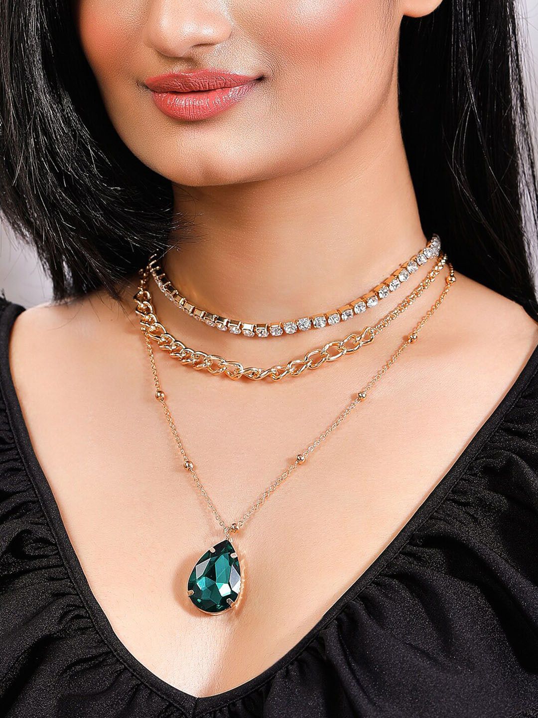 Rubans Voguish Gold-Toned & Green Gold-Plated Layered Necklace Price in India