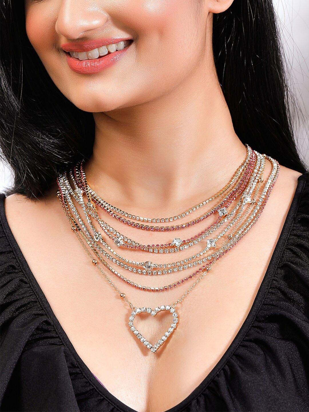 Rubans Voguish Gold-Plated Red & White American Diamond Layered Necklace Price in India