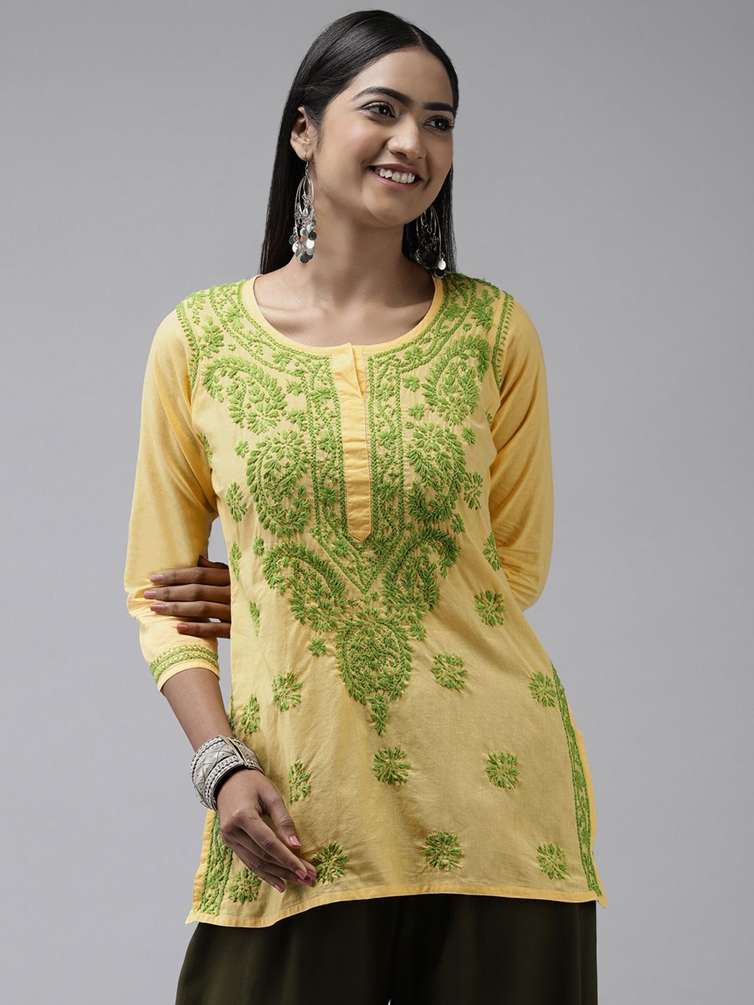 ADA Yellow & Green Ethnic Motifs Embroidered Chikankari Handloom Kurti