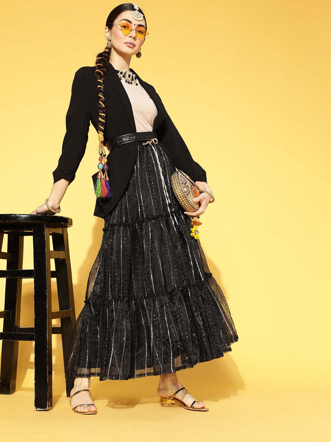 Libas Women Stylish Black Embellished Tiered Skirt