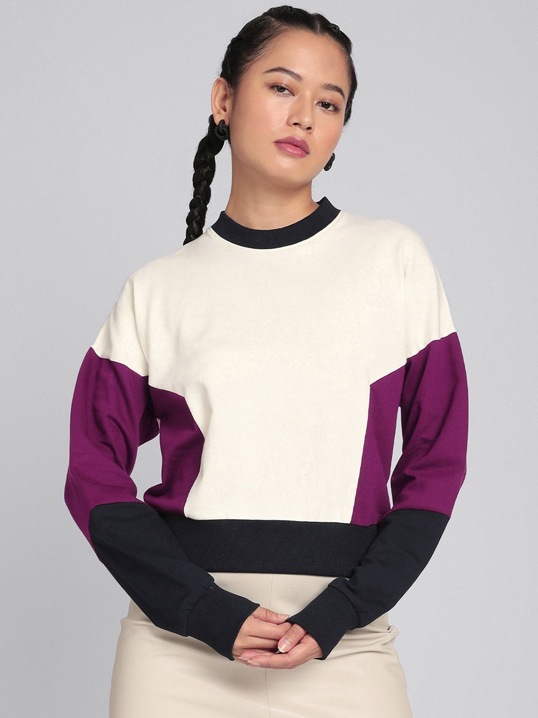 Bewakoof Women Purple & White Colourblocked Sweatshirt Price in India