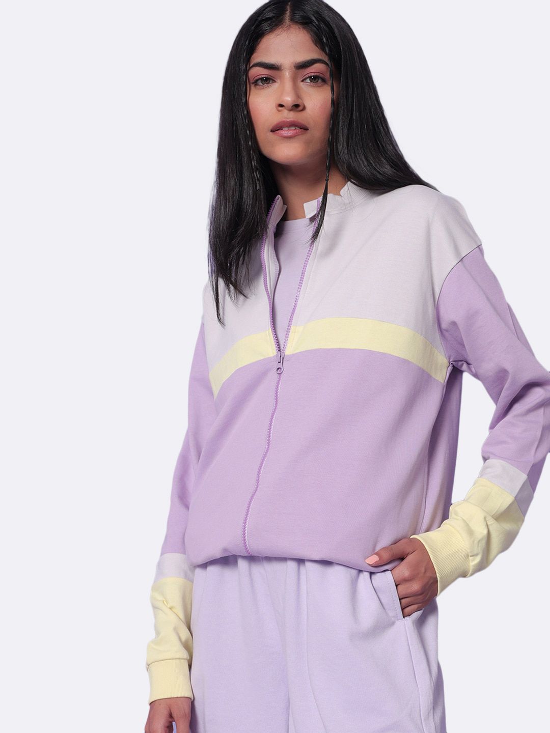 Bewakoof Women Purple Colourblocked Cotton Sporty Jacket Price in India