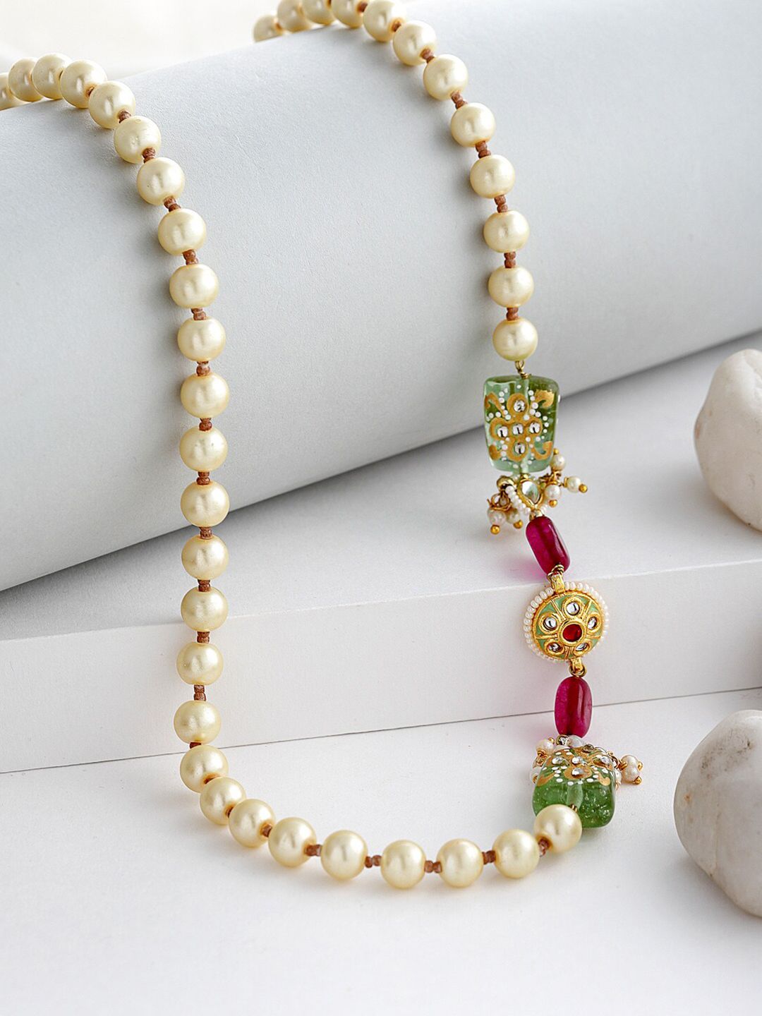 DUGRISTYLE Women Green & White Pearl Beaded Necklace Price in India