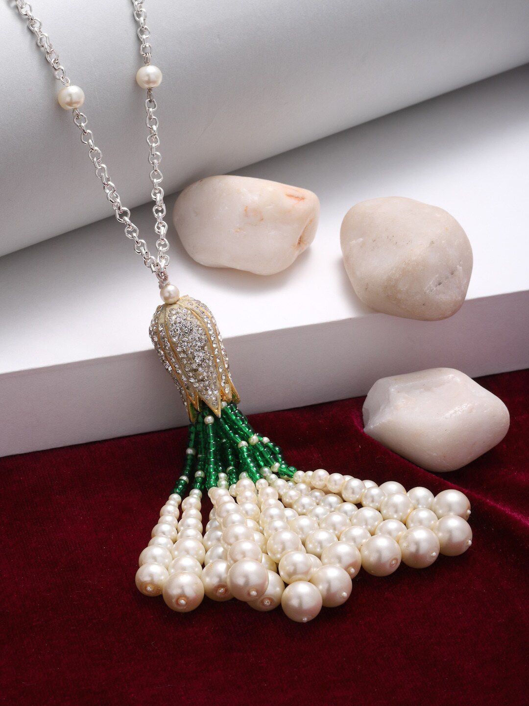DUGRISTYLE Silver-Toned & Green Sterling Silver Necklace Price in India