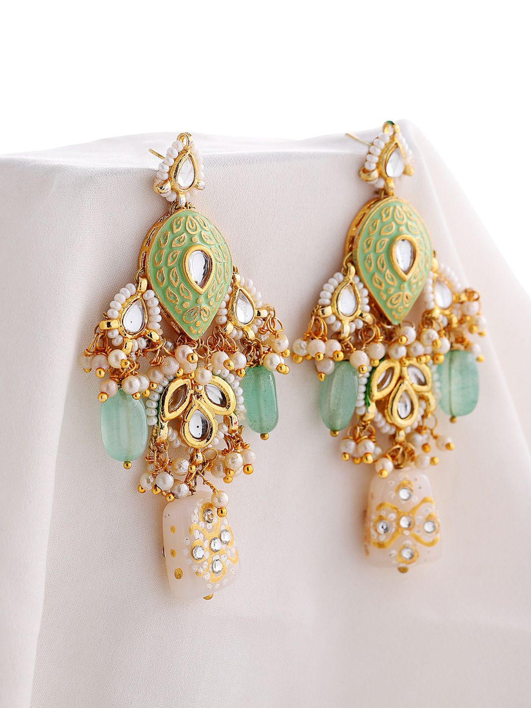 DUGRISTYLE Green Gold-Plated Contemporary Kundan Drop Earrings Price in India