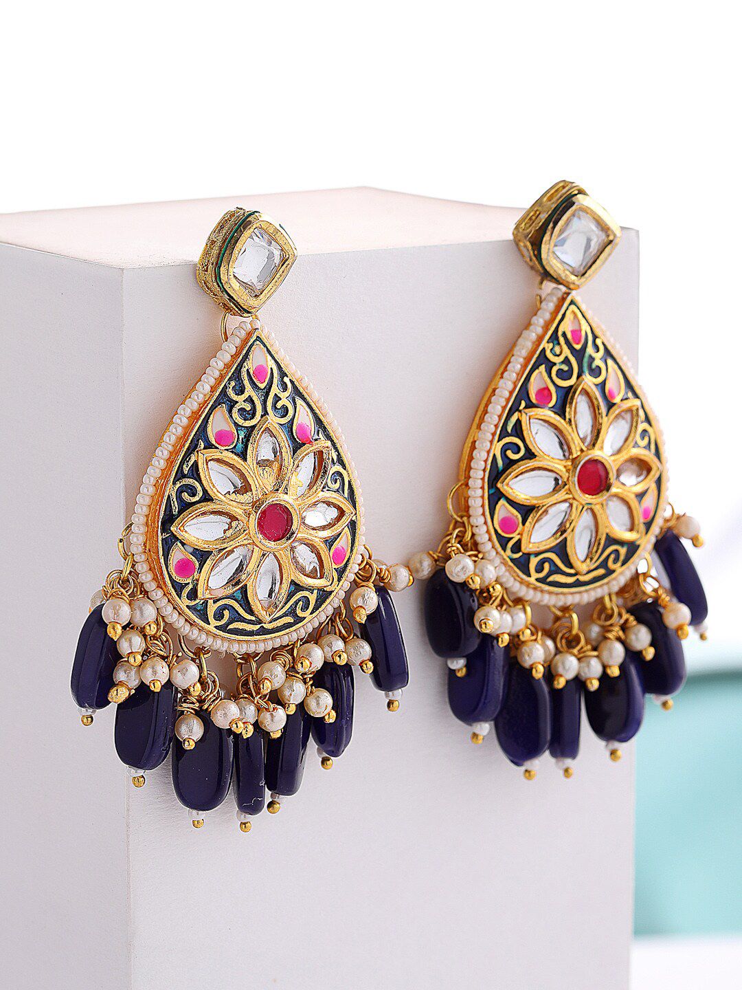 DUGRISTYLE Blue Gold-Plated Kundan & Pearls Contemporary Drop Earrings Price in India