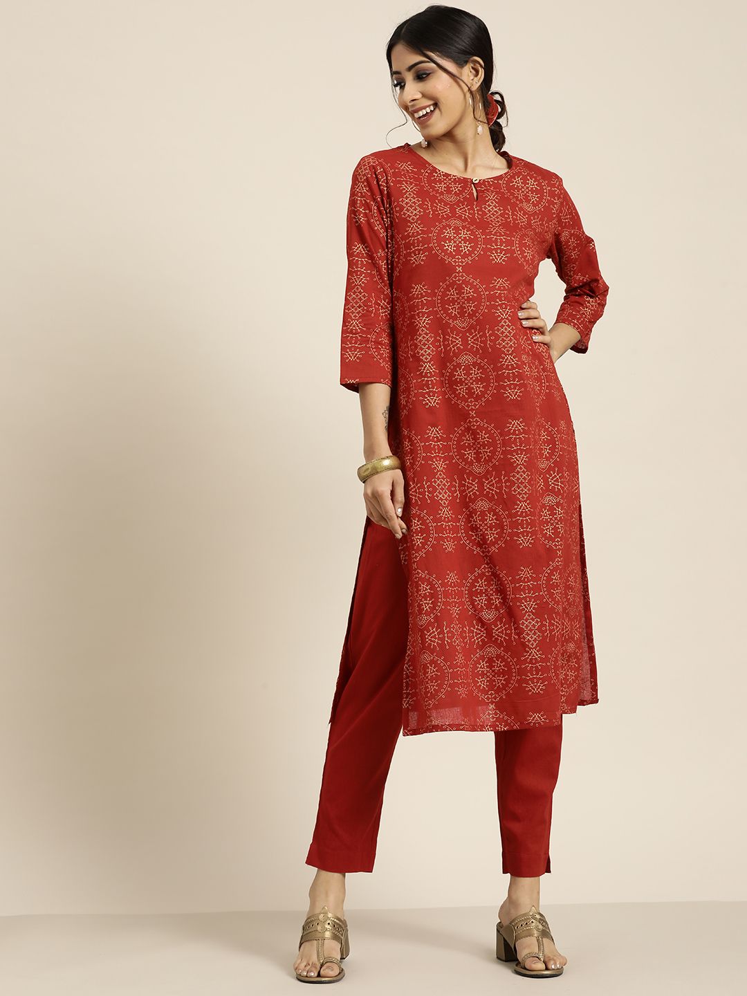 Sangria Women Rust Red Ethnic Motifs Printed Pure Cotton Kurta with Trousers Price in India