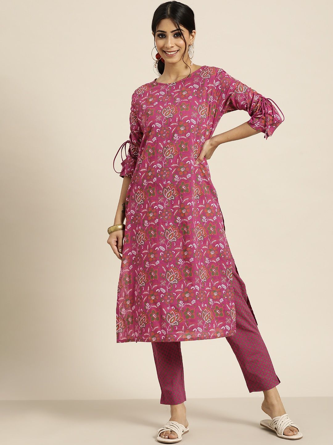 Sangria Women Purple Ethnic Motifs Printed Pure Cotton Kurta with Trousers Price in India