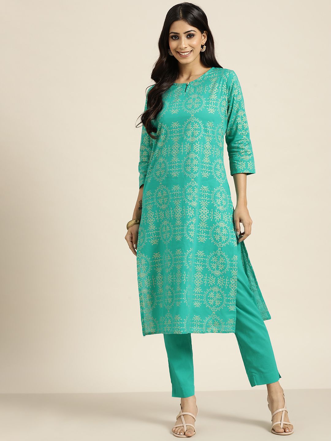 Sangria Women Sea Green Ethnic Motifs Printed Pure Cotton Kurta with Trousers Price in India