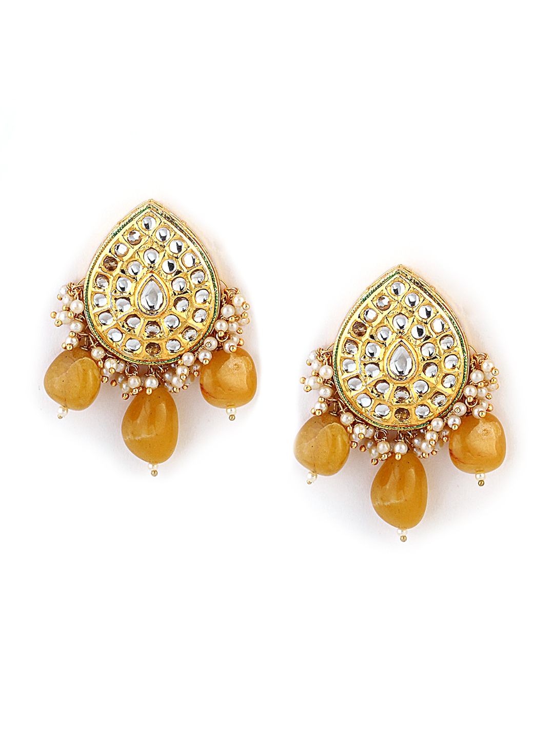 DUGRISTYLE Gold-Plated Yellow Sterling Silver Kundan Studded Contemporary Drop Earrings Price in India