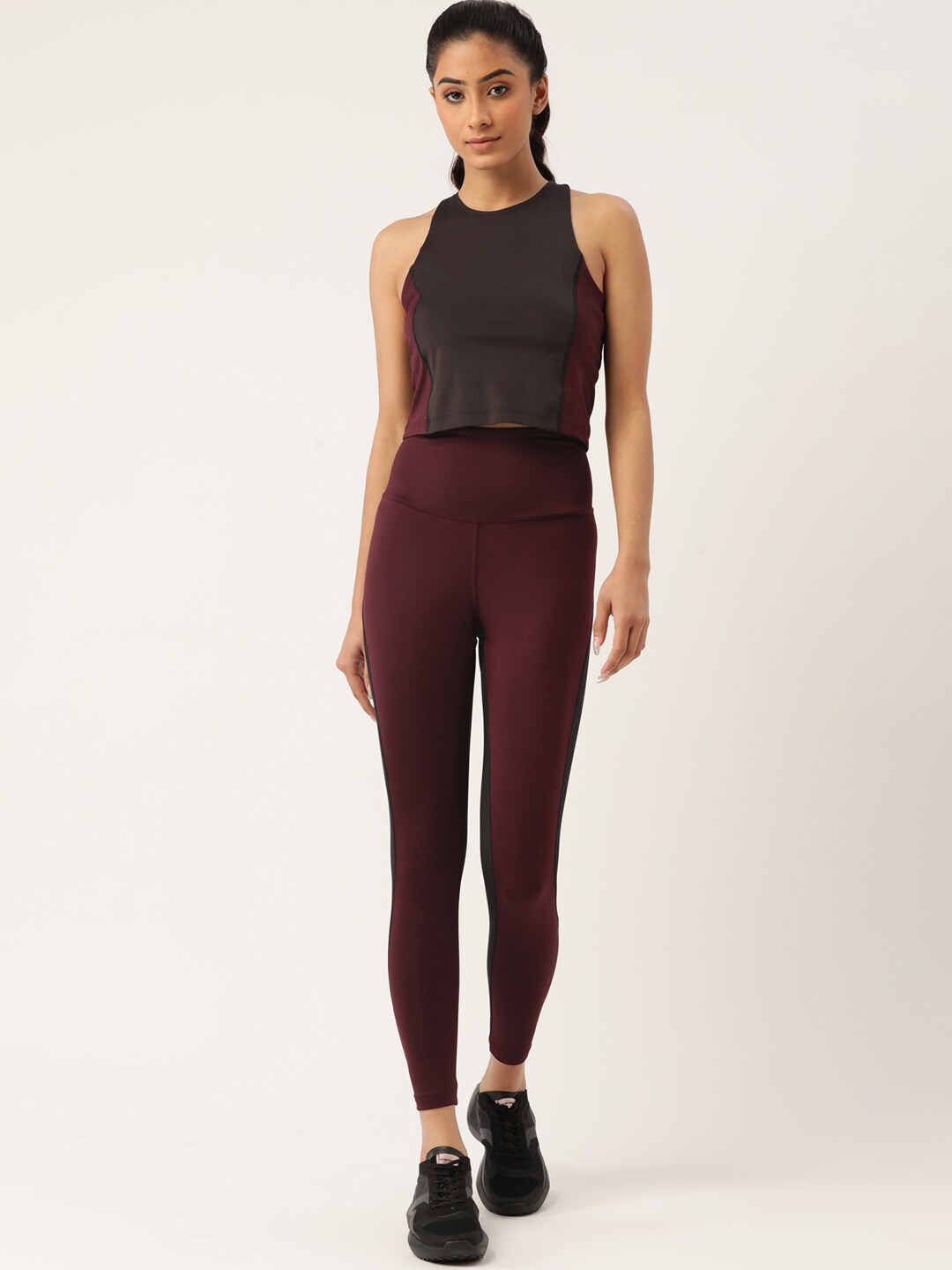 KICA Women Burgundy & Black Colourblocked High-Rise Tracksuit Price in India