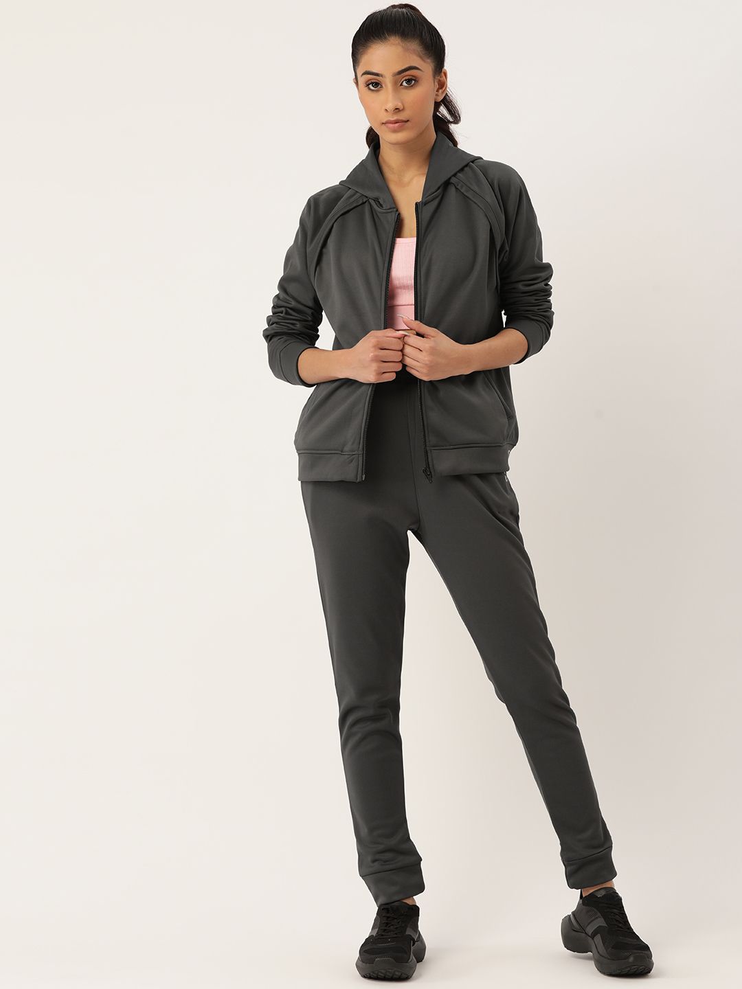 KICA Women Charcoal Grey Solid Sweatshirt & Track Pants Set