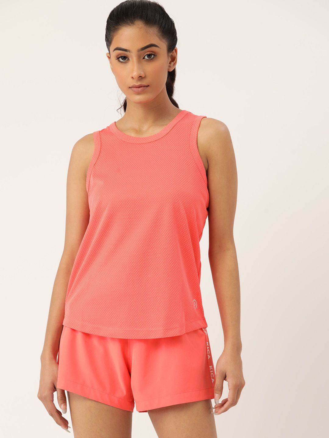 KICA Women Peach-Coloured Solid Fast Drying Tank & High Waisted Shorts Tracksuit Price in India