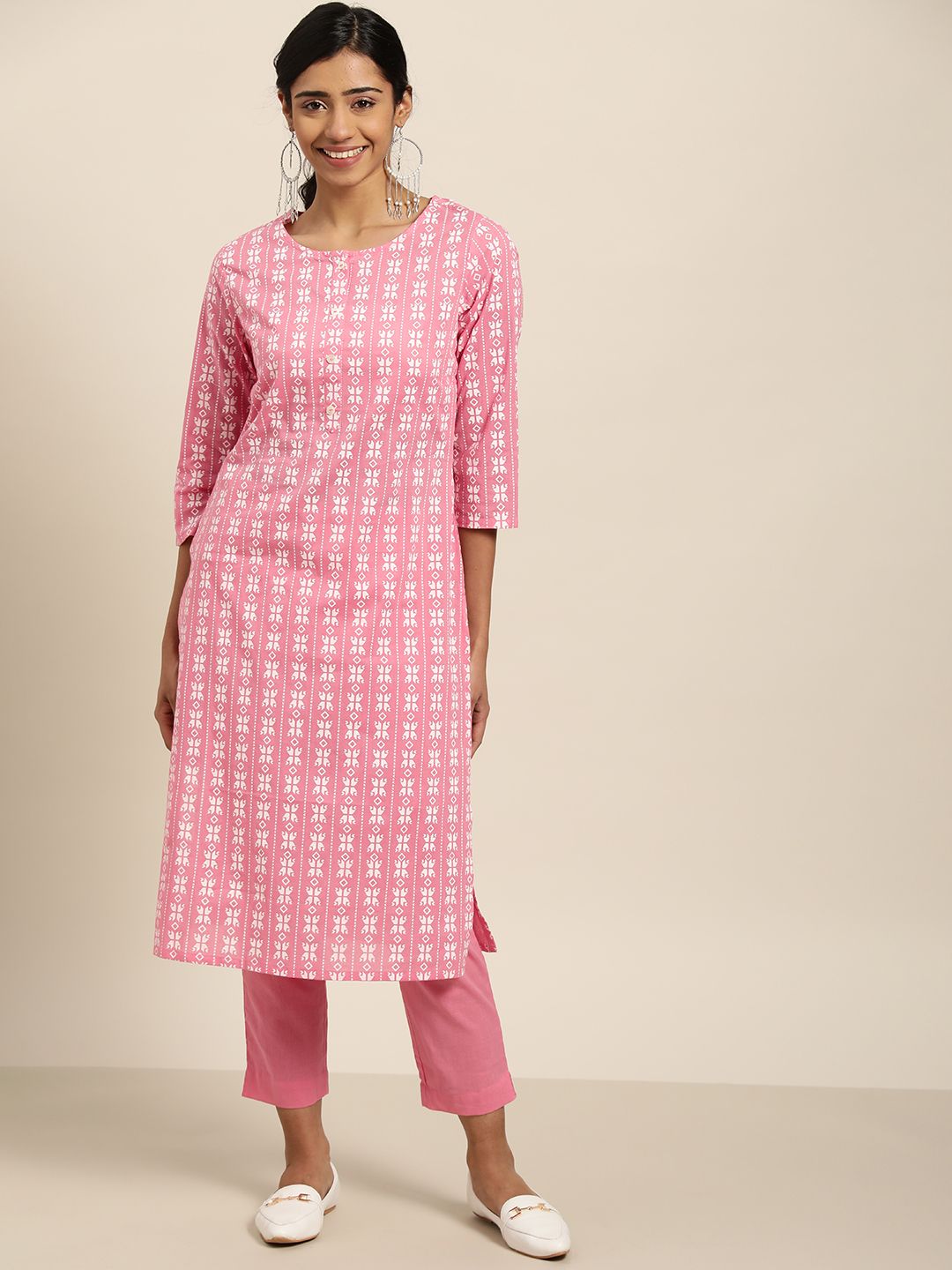 Sangria Women Pink Printed Pure Cotton Kurta with Trousers