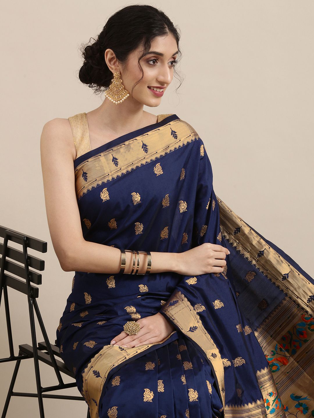 Mitera Navy Blue Woven Design Zari Silk Blend Paithani Saree Price in India