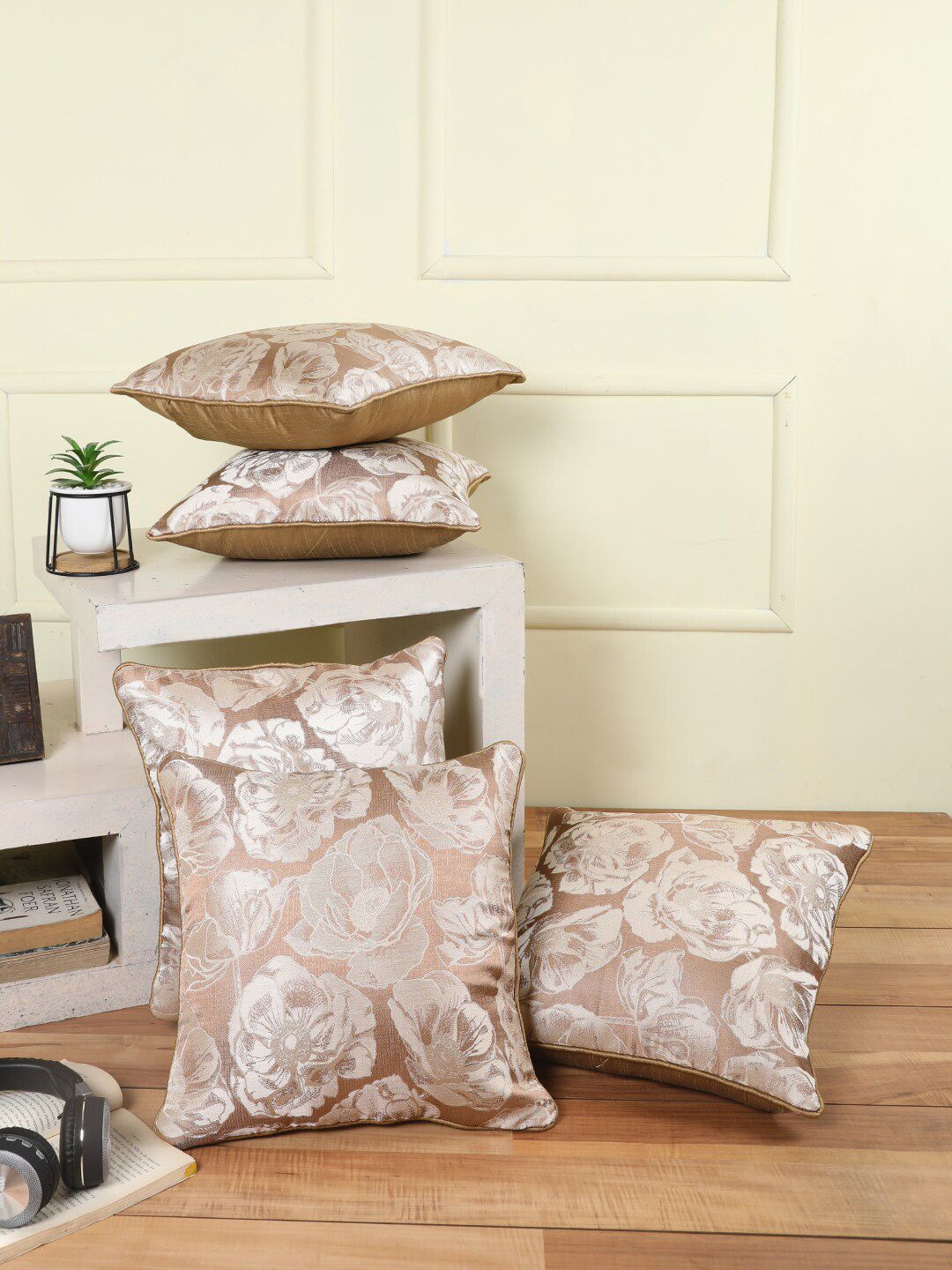 ROMEE Brown & White Set of 5 Floral Square Cushion Covers Price in India