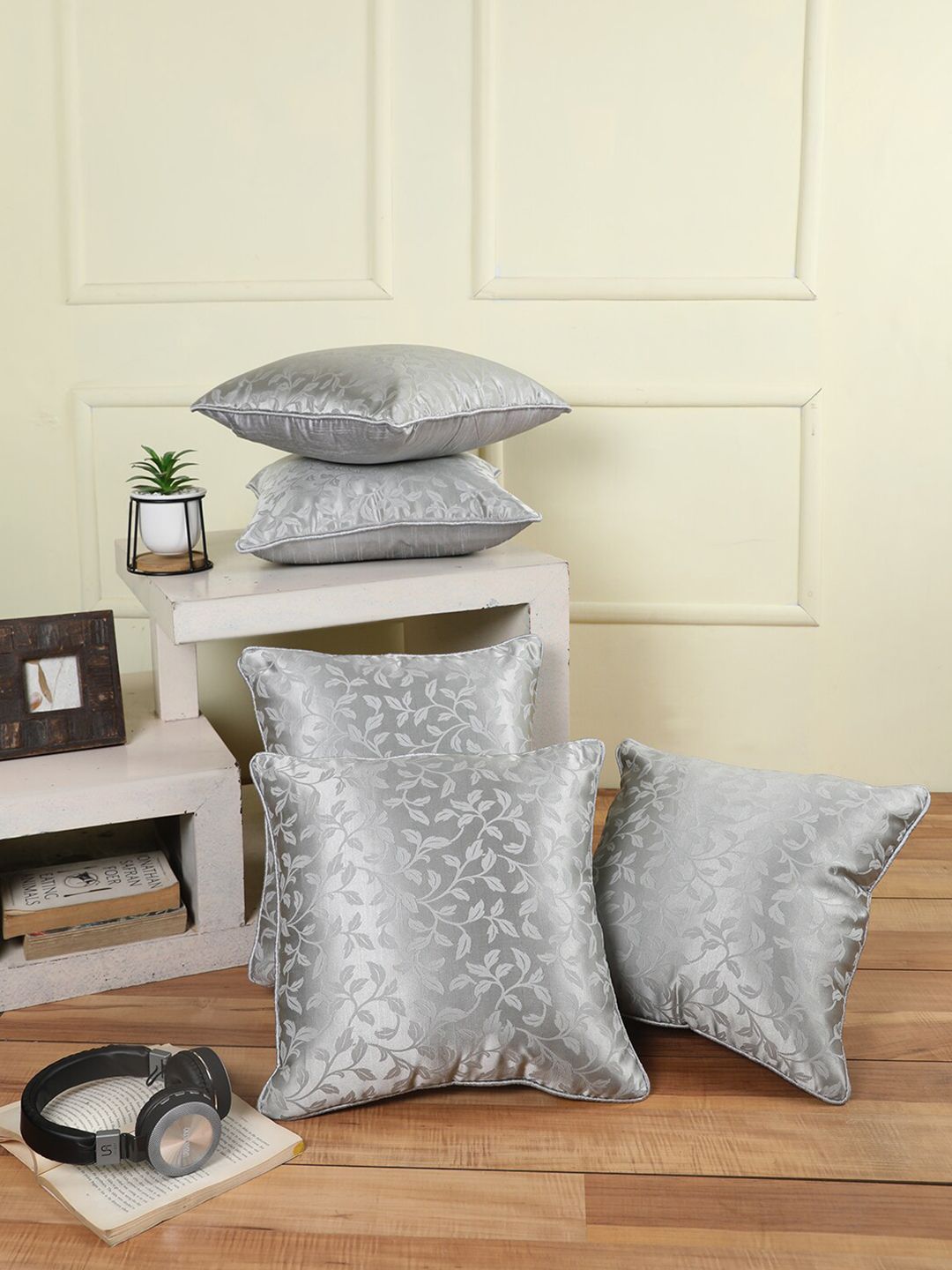 ROMEE Silver-Toned Set of 5 Floral Square Cushion Covers Price in India