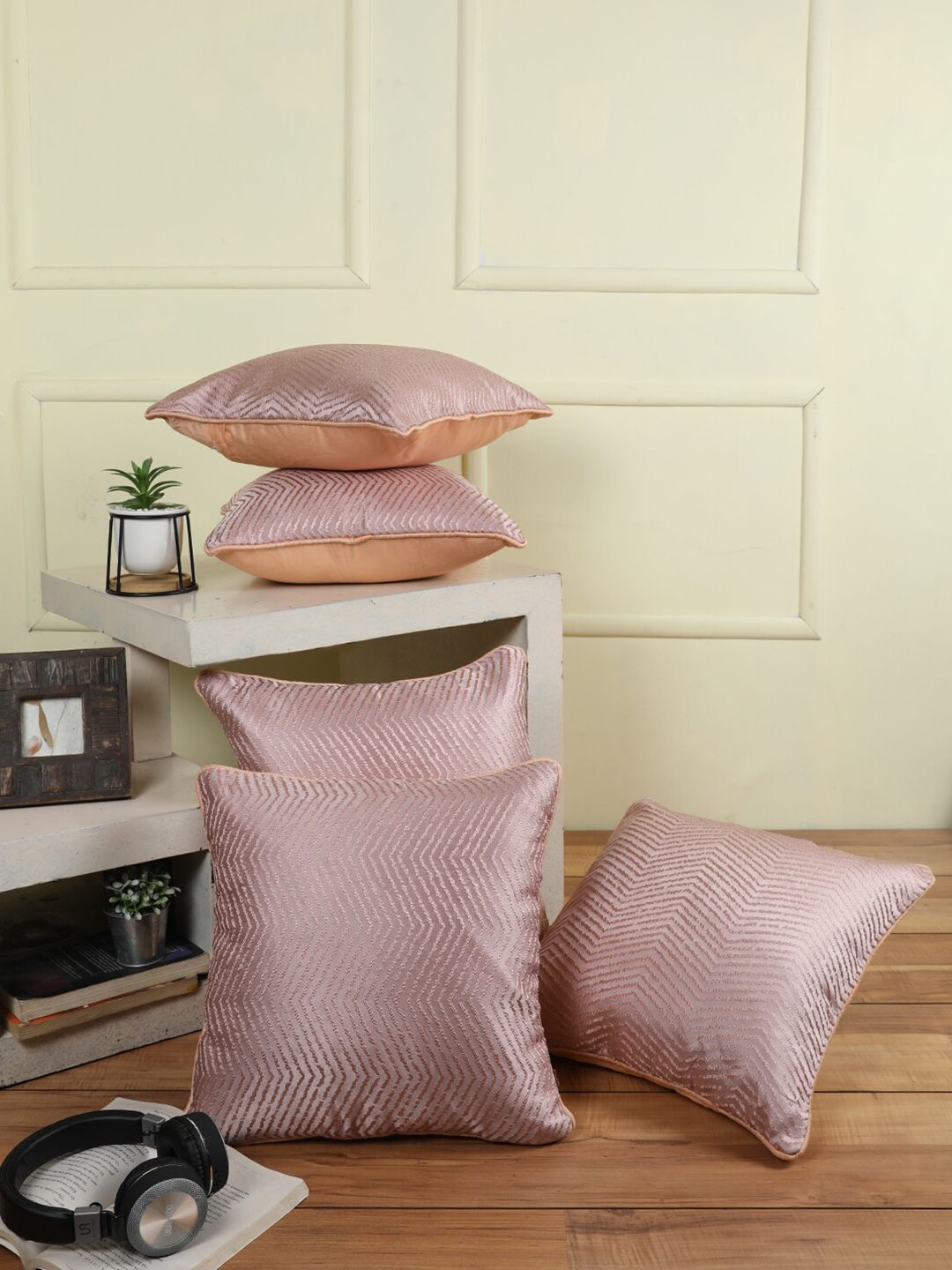 ROMEE Pink Set of 5 Geometric Square Cushion Covers Price in India