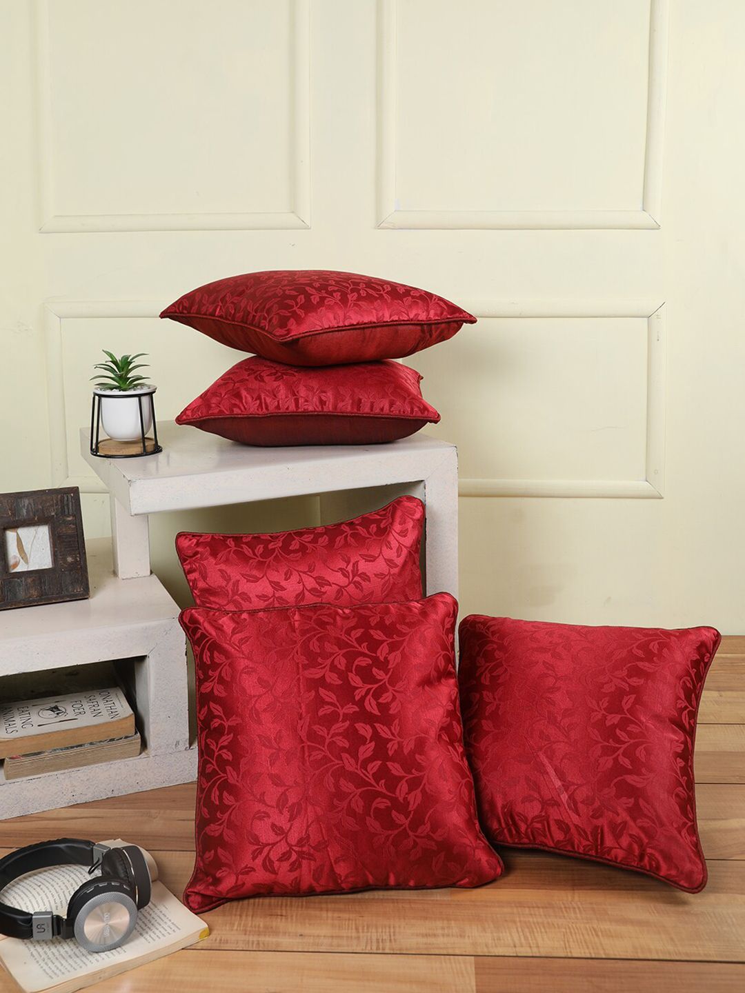 ROMEE Maroon Set of 5 Floral Square Cushion Covers Price in India