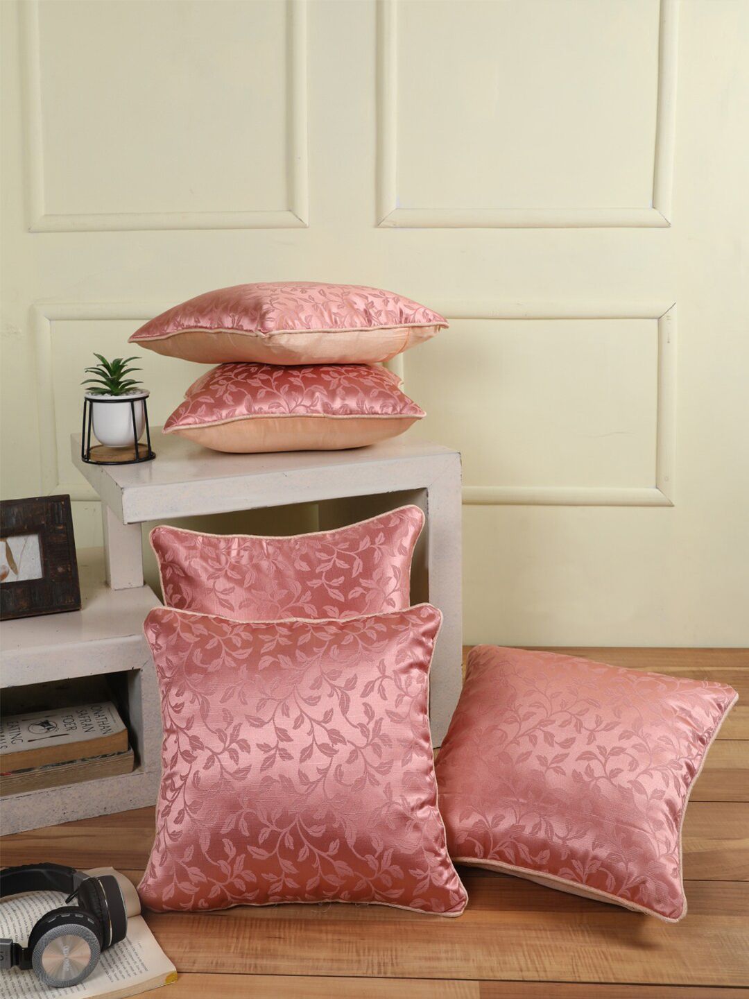 ROMEE Pink Set of 5 Floral Square Cushion Covers Price in India