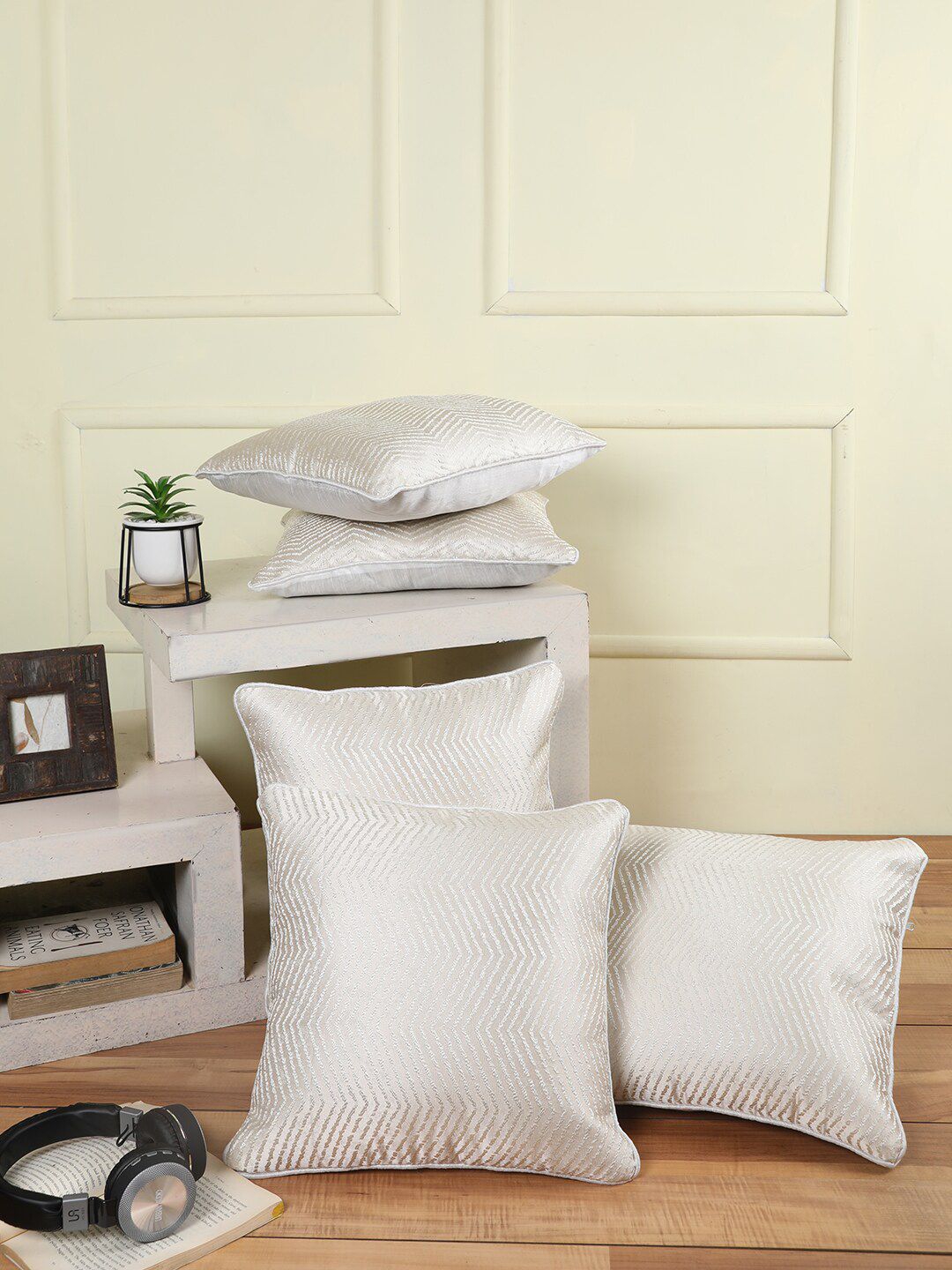 ROMEE White Set of 5 Geometric Square Cushion Covers Price in India