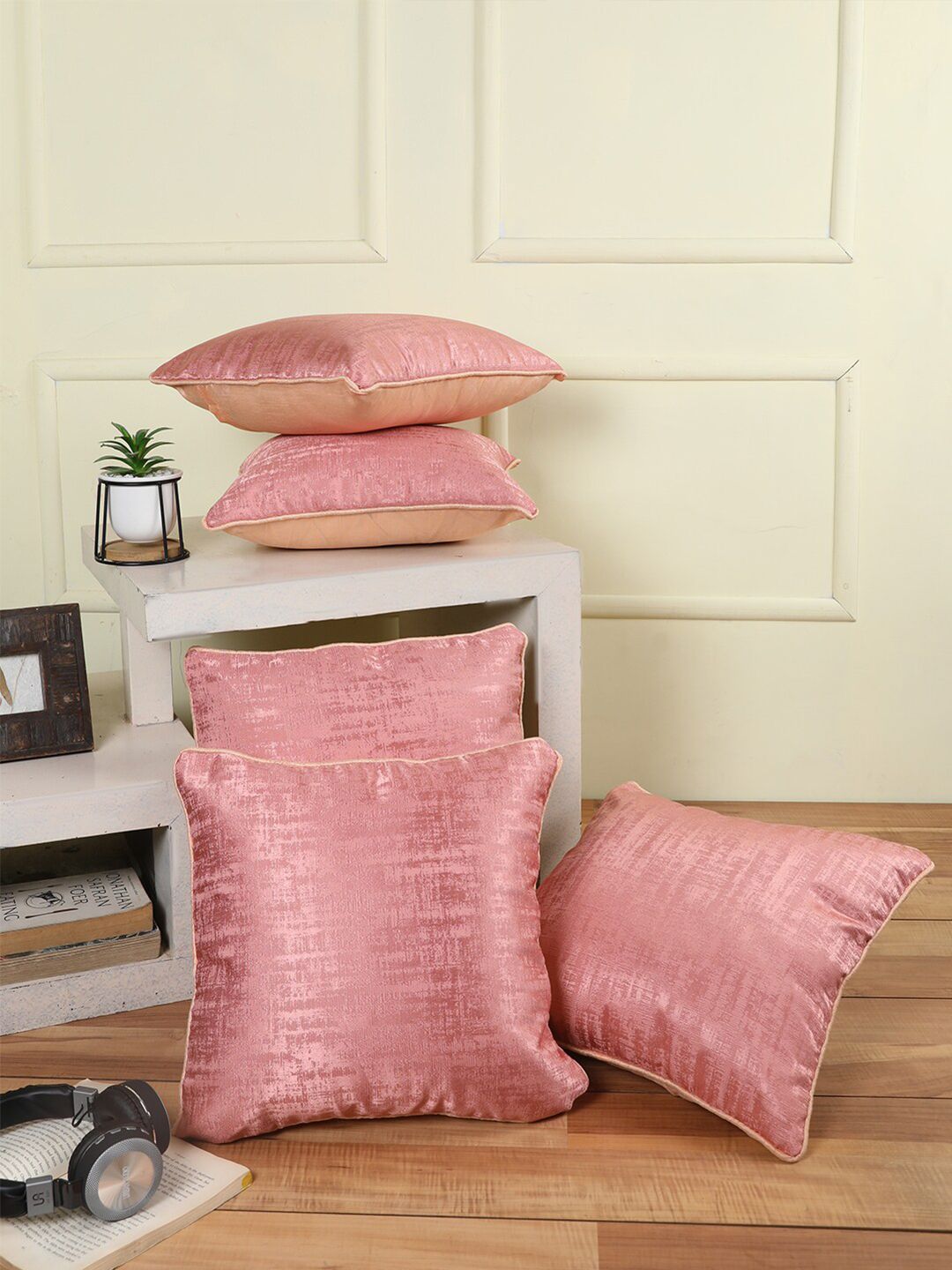 ROMEE Pink Set of 5 Textured Jacquard Square Cushion Covers Price in India