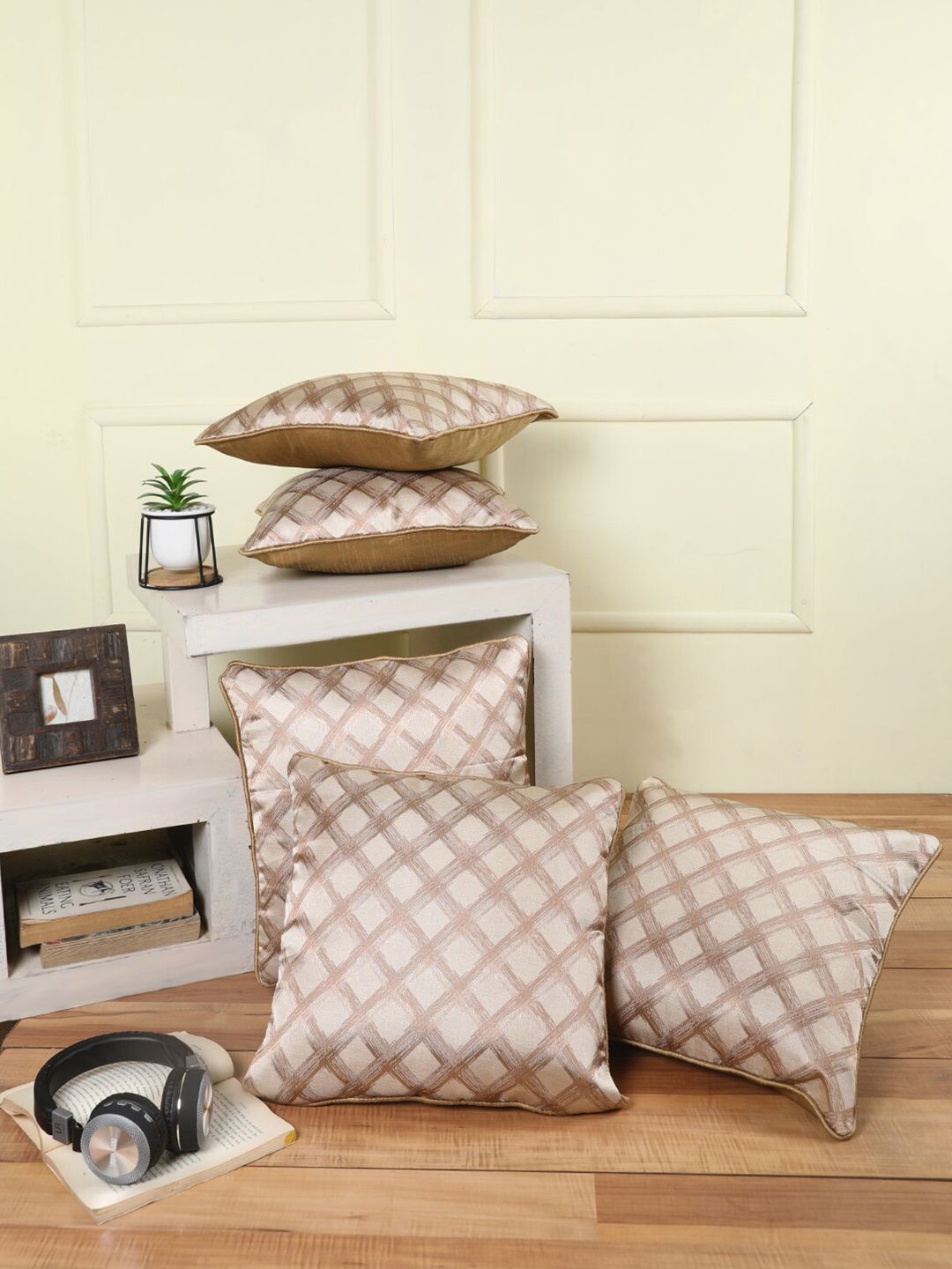 ROMEE Grey & Tan Set of 5 Geometric Square Cushion Covers Price in India