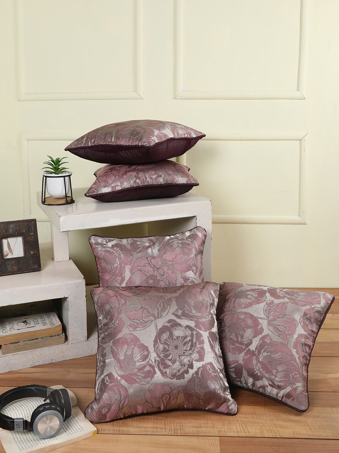 ROMEE Burgundy & Silver-Toned Set of 5 Floral Square Cushion Covers Price in India