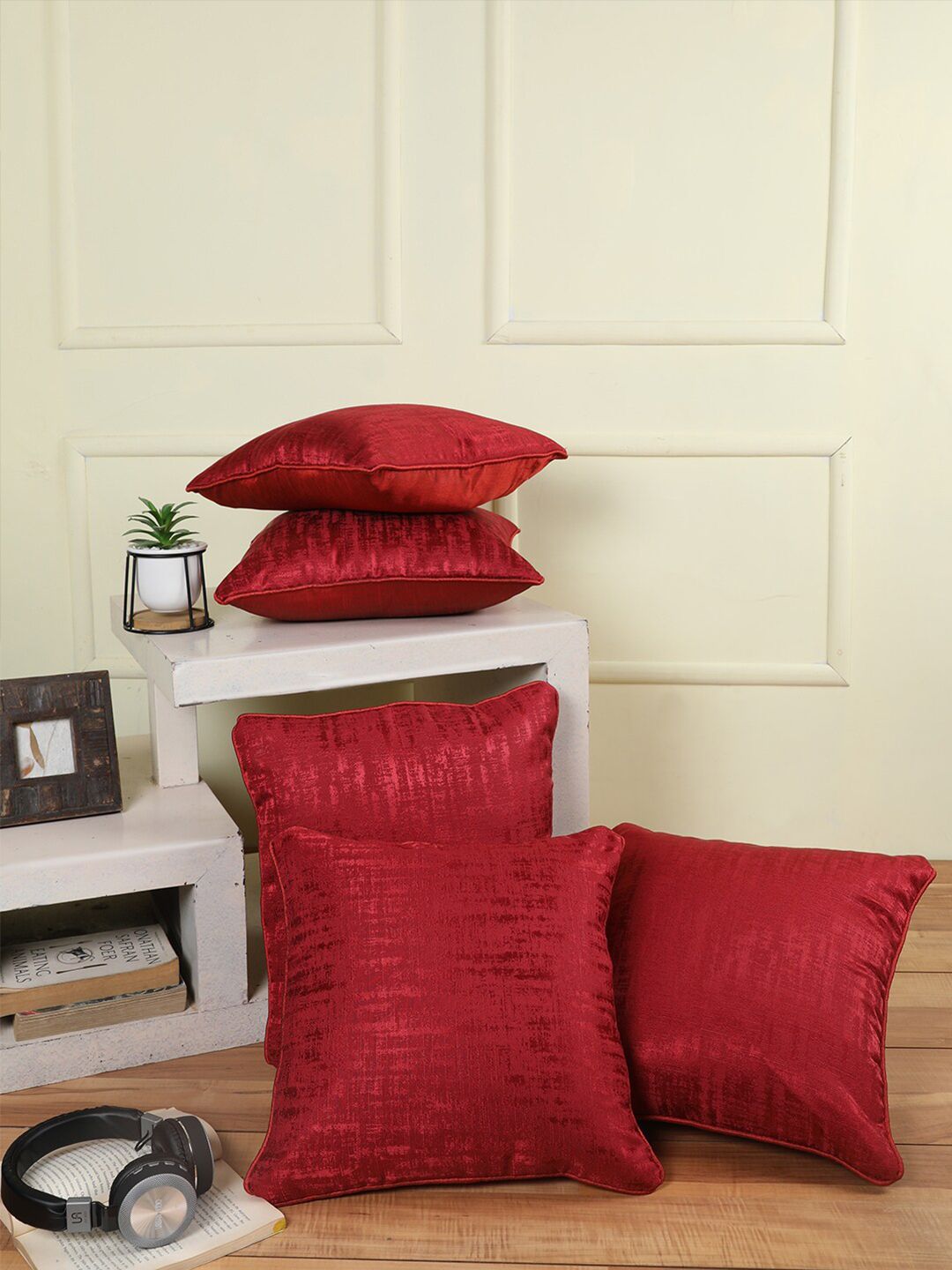 ROMEE Red Set of 5 Square Cushion Covers Price in India