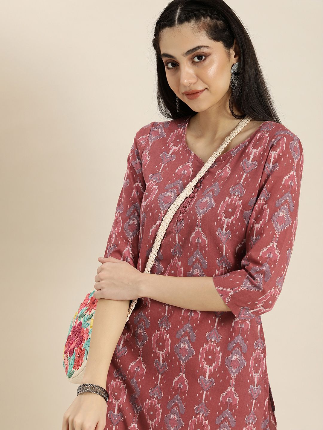Moda Rapido Women Maroon & Grey Ethnic Motifs Printed A-Line Kurta