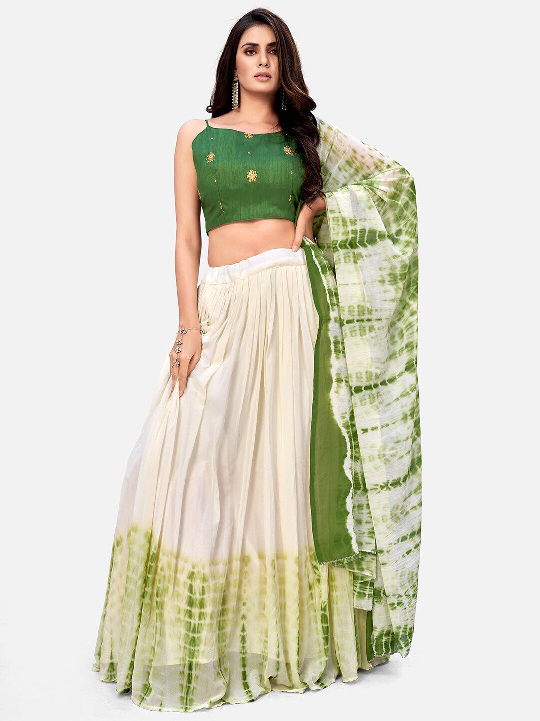 SHOPGARB Green & Off White Shibori Semi-Stitched Lehenga & Unstitched Blouse With Dupatta Price in India