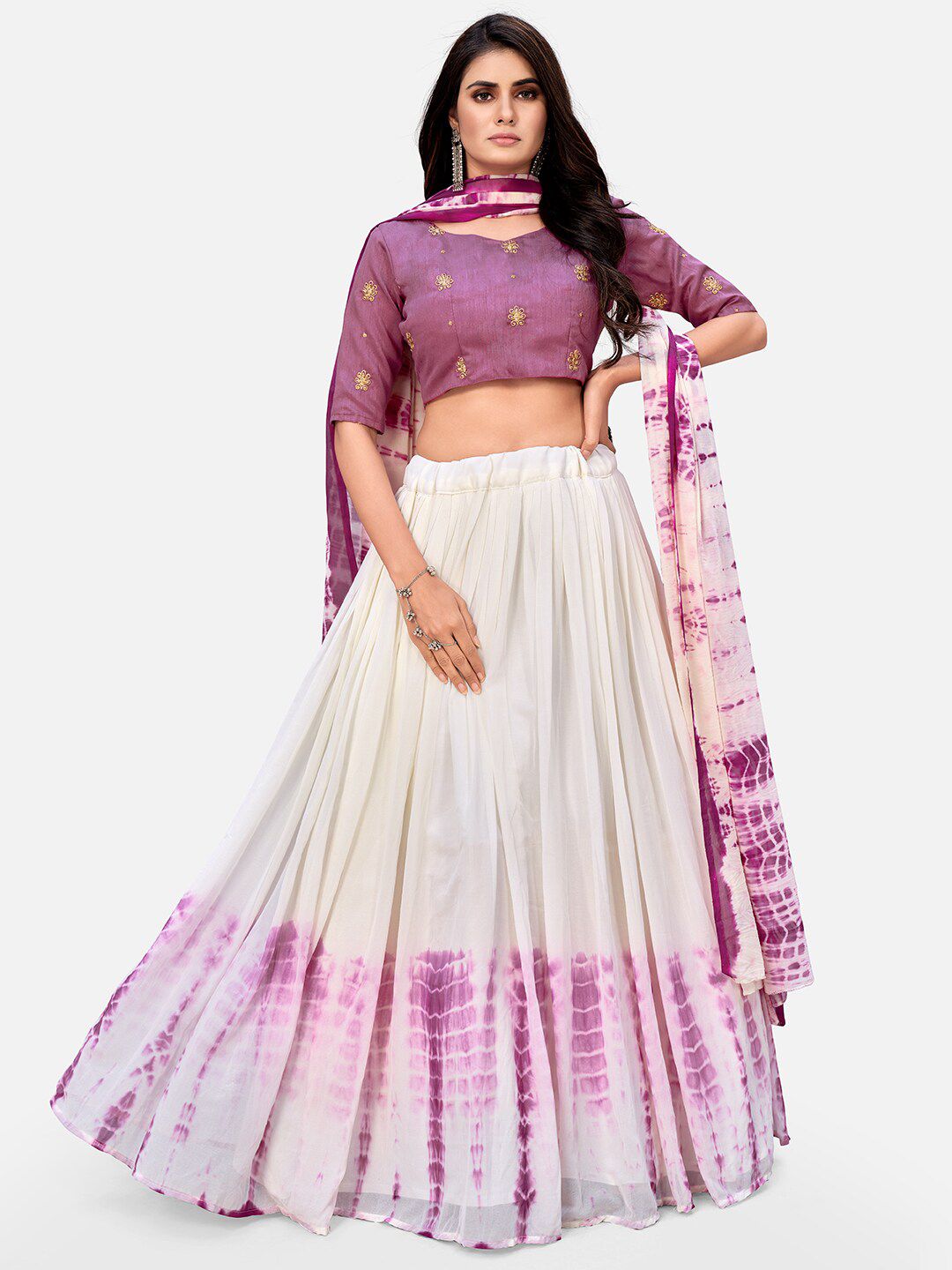 SHOPGARB Purple & White Embroidered Thread Work Shibori Semi-Stitched Lehenga & Unstitched Blouse With Price in India