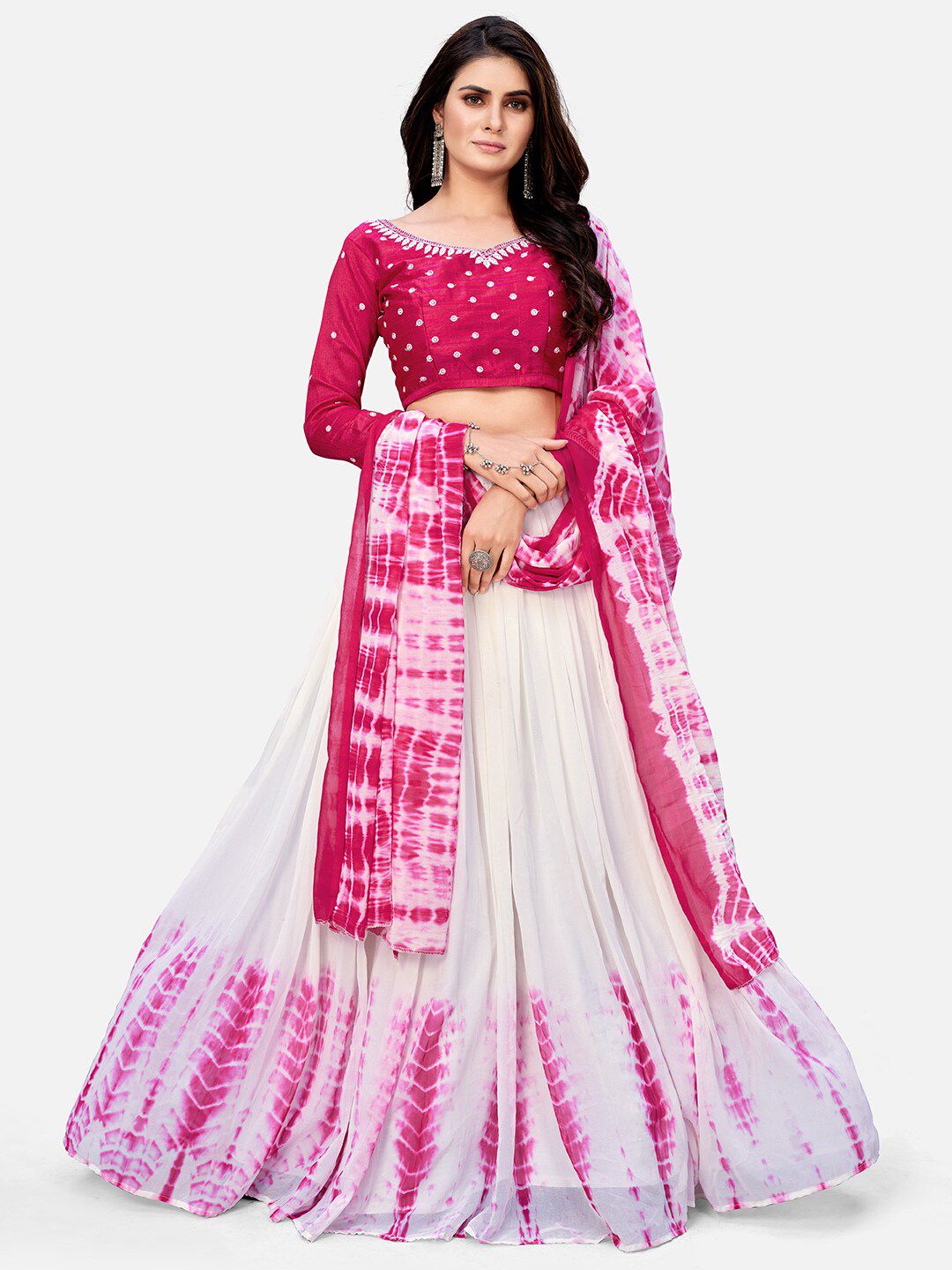 SHOPGARB Women Pink & White Shibori Semi-Stitched Lehenga & Unstitched Blouse With Dupatta Price in India