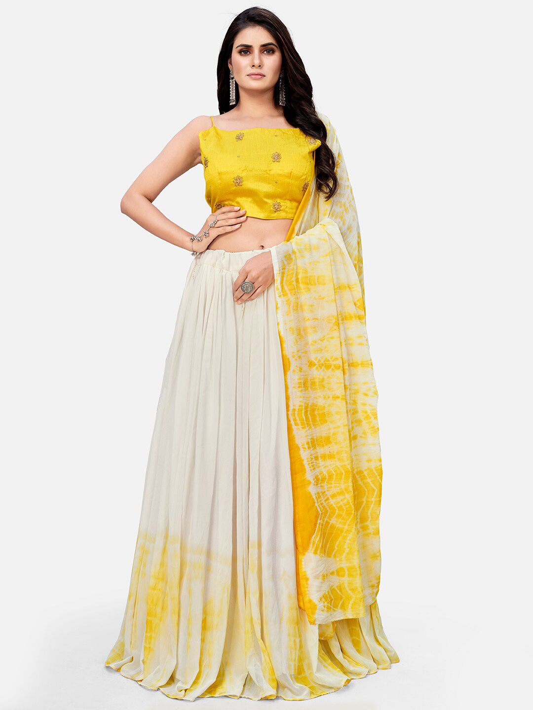 SHOPGARB Yellow Embroidered Shibori Semi-Stitched Lehenga & Unstitched Blouse With Dupatta Price in India