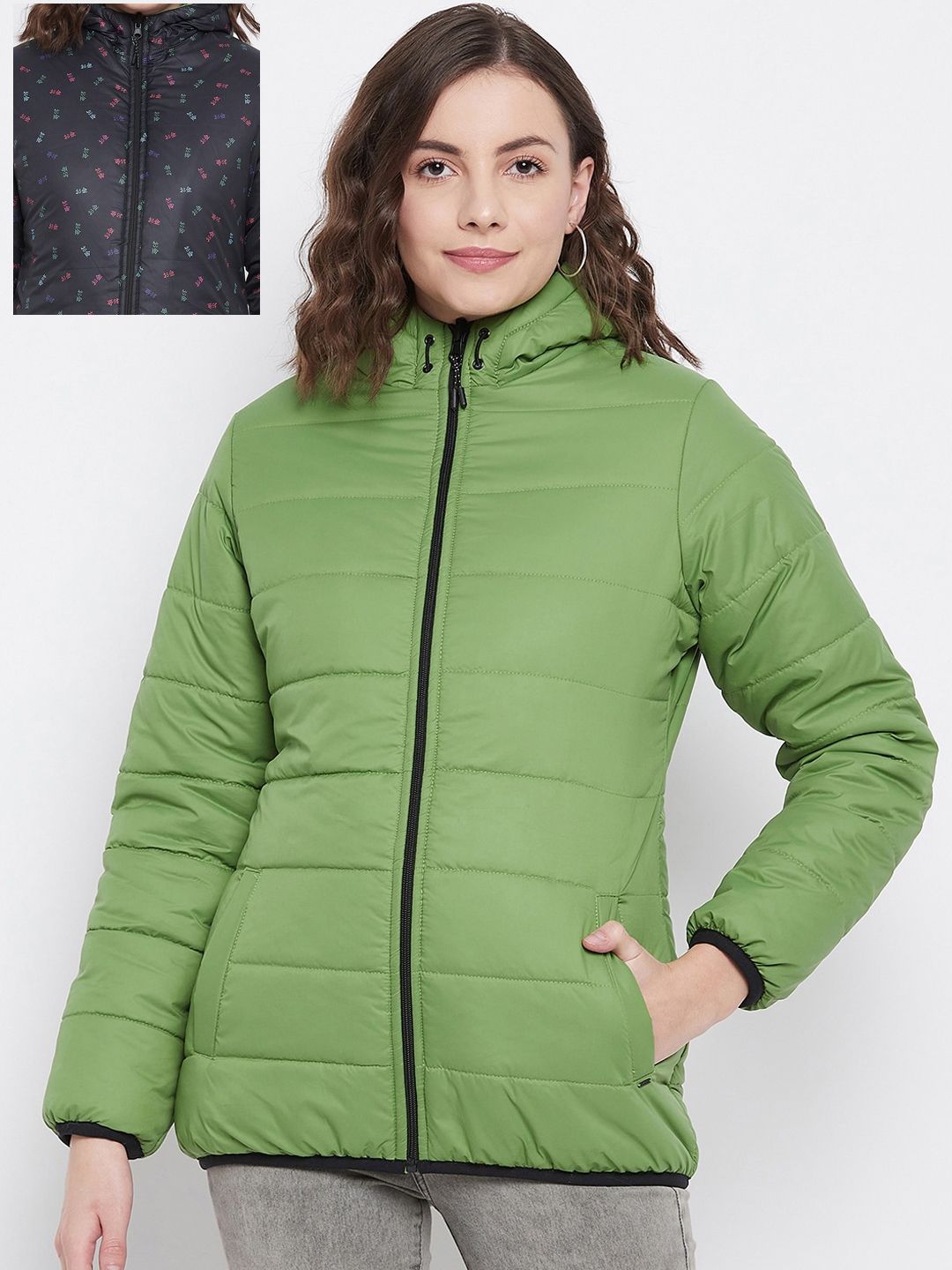 Okane Women Olive Green Reversible Hooded Puffer Jacket Price in India