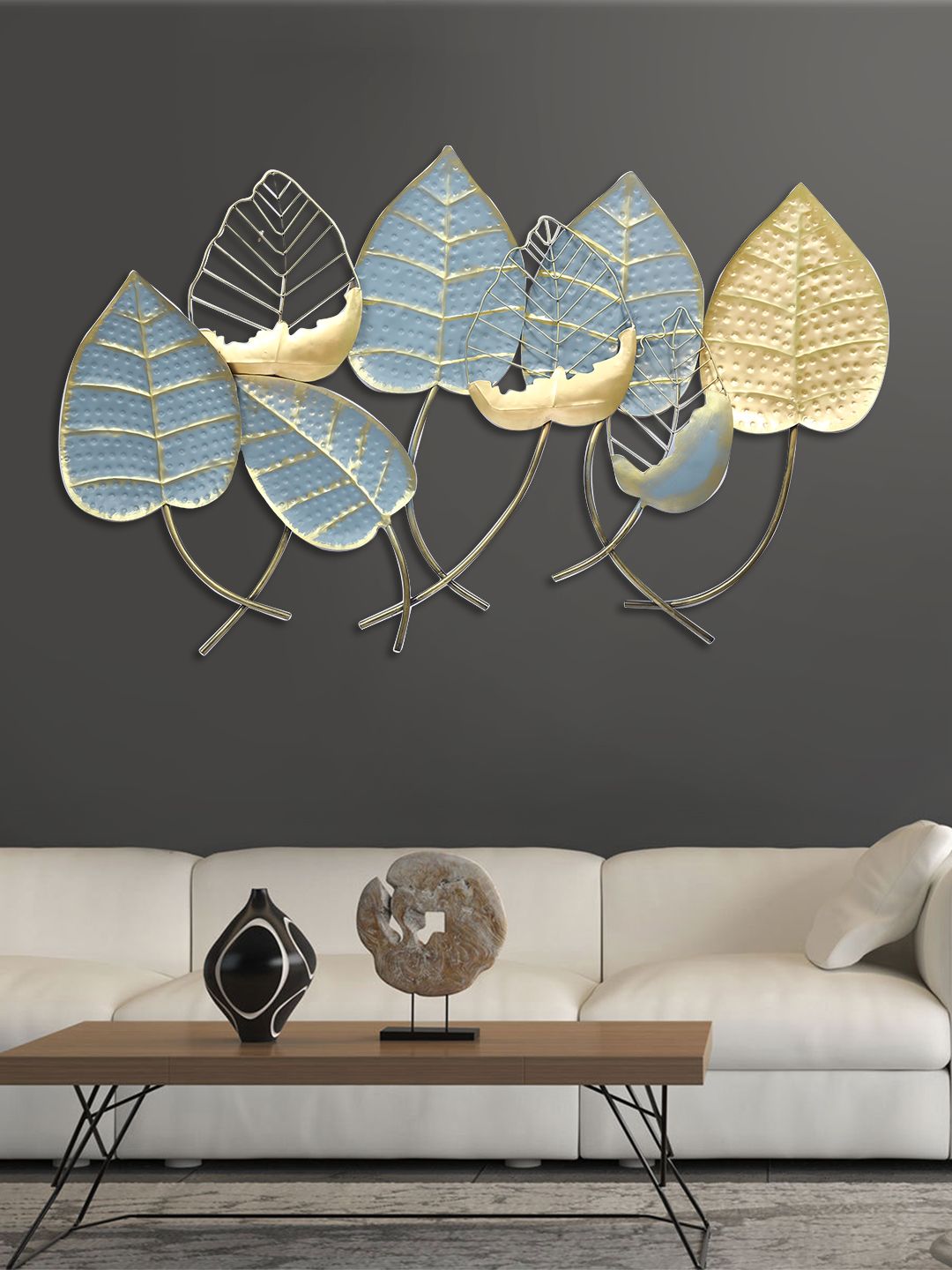 Aapno Rajasthan Gold-Toned & Blue Magnanimous Leaves Wall Decor Price in India