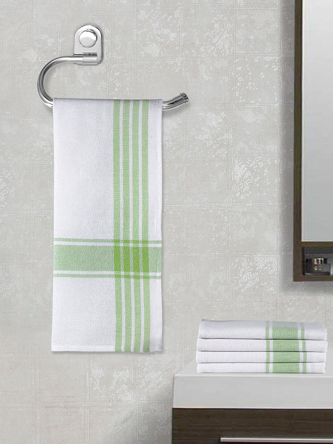 Arrabi Set of 5 Green Stripes Handwoven Cotton Hand Towel Price in India