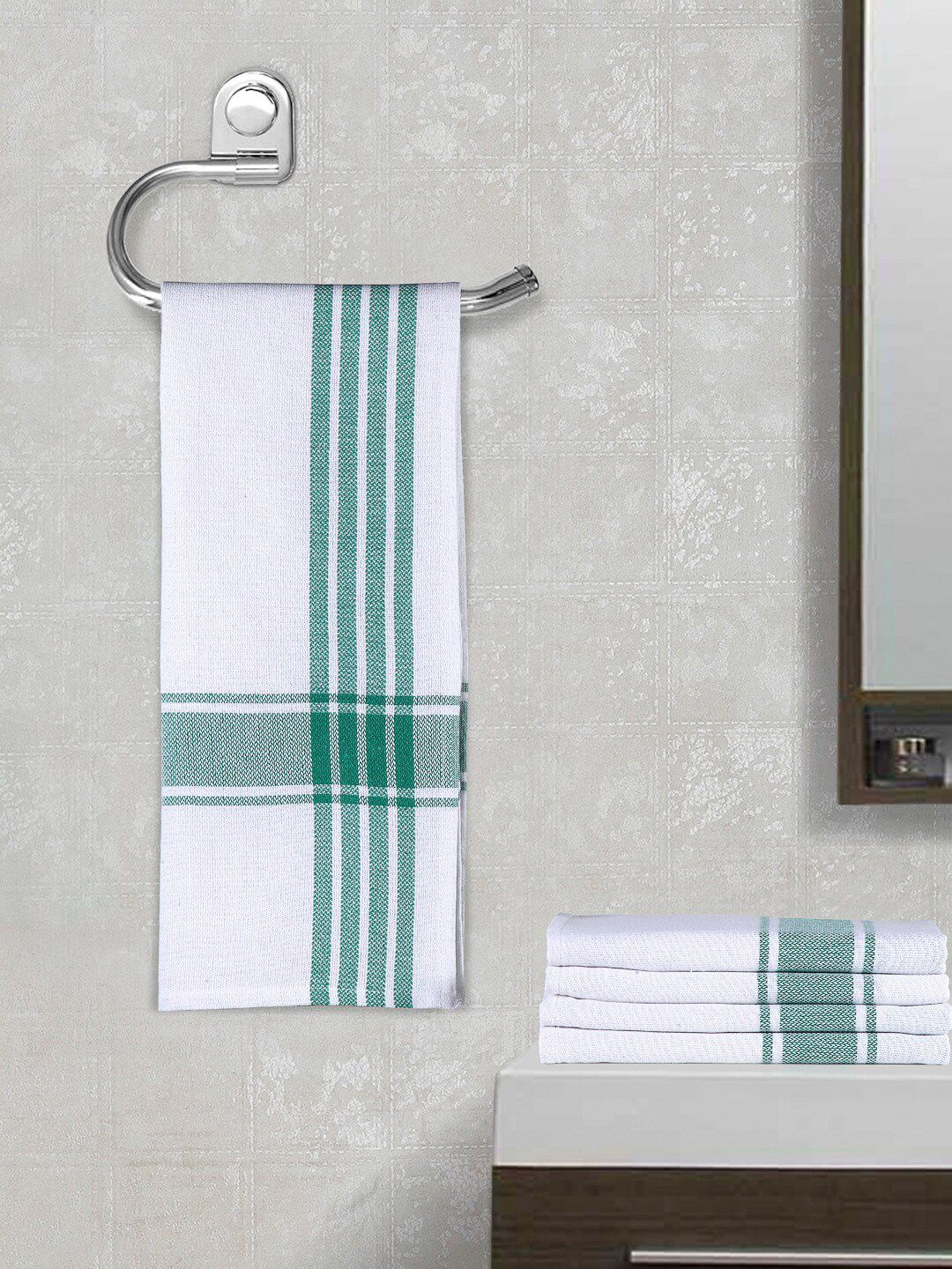 Arrabi Set of 5 Green & White Striped Handwoven Cotton Hand Towel Price in India