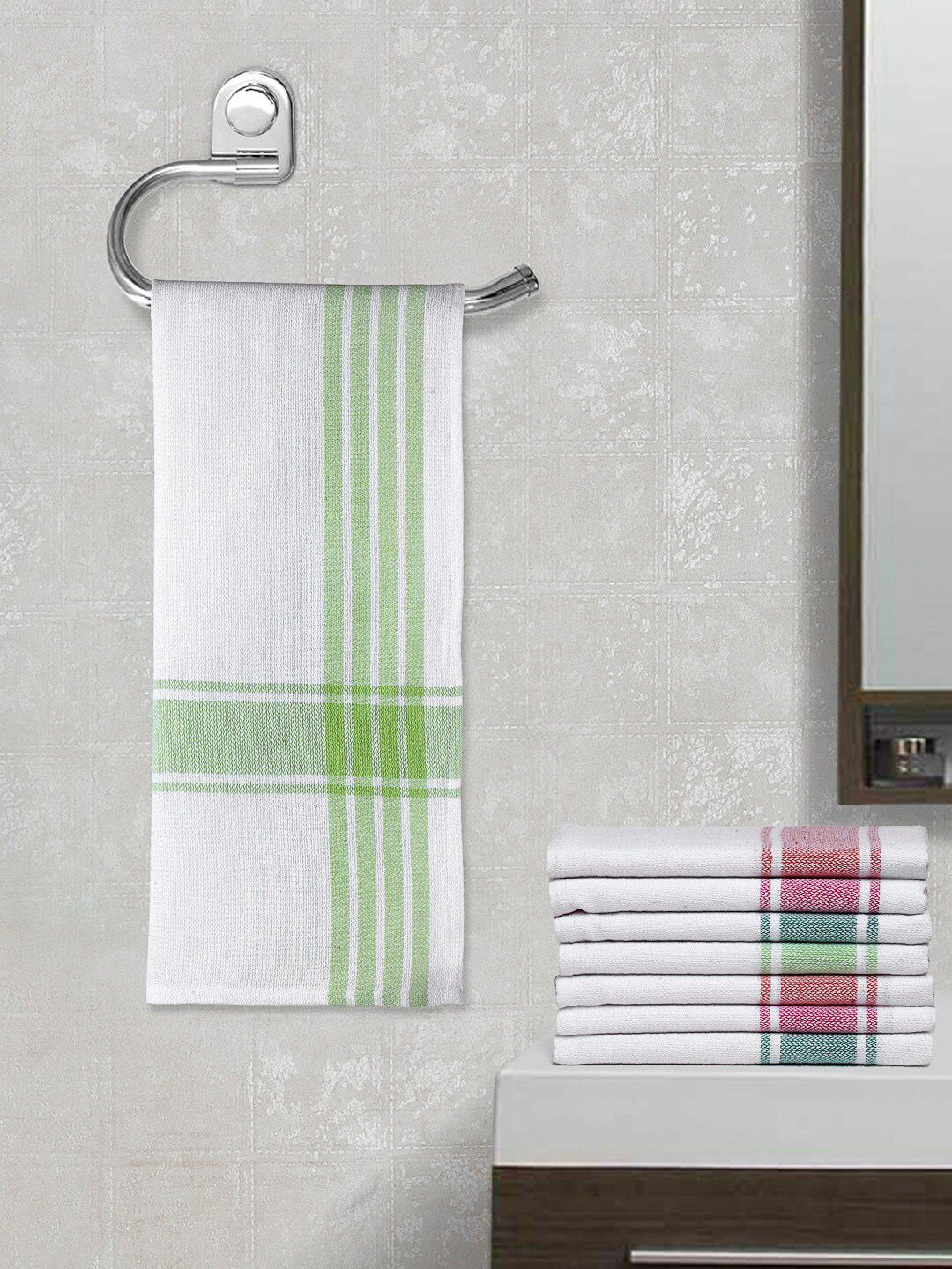 Arrabi White & Multicoloured Set Of 8 Multi Stripes Cotton Hand Towel Price in India