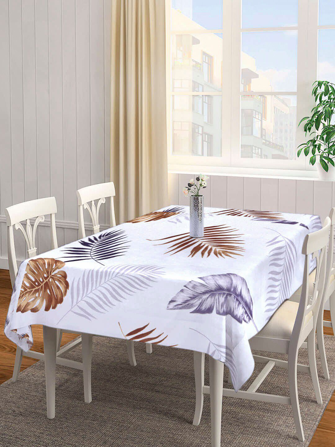 Arrabi White & Brown Tropical Printed 6 Seater Table Cover Price in India