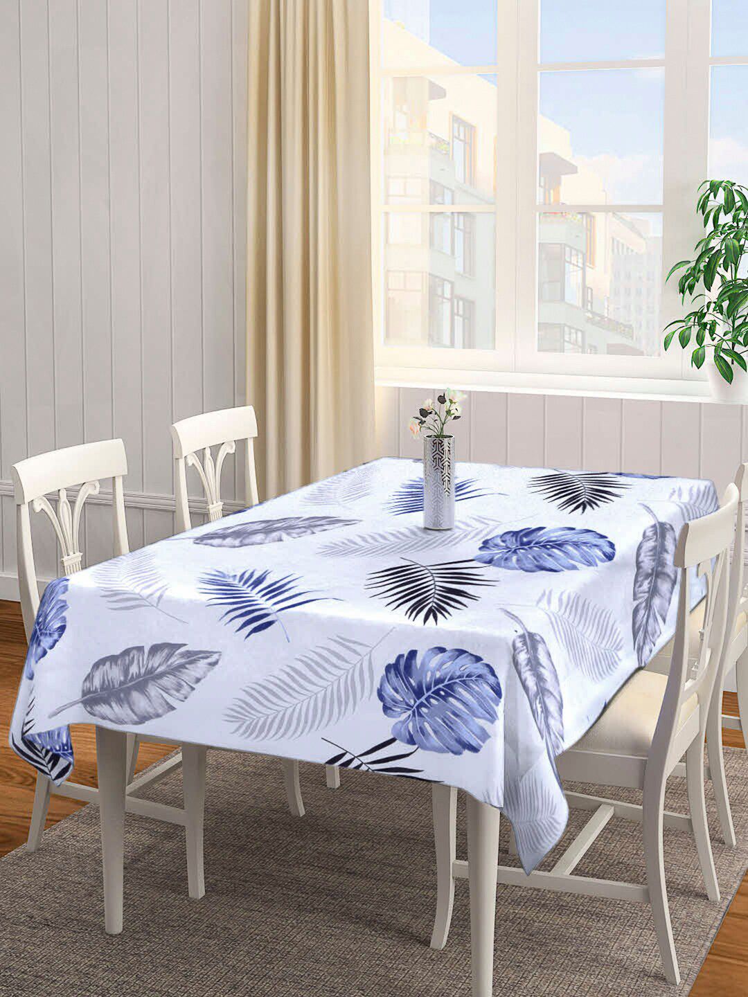 Arrabi White & Blue Floral Printed 6 Seater Table Cover Price in India