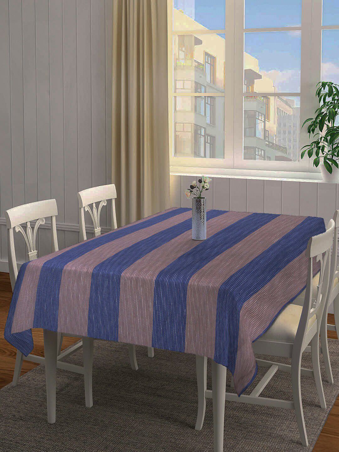 Arrabi Brown & Blue Striped Printed 6 Seater Table Cover Price in India