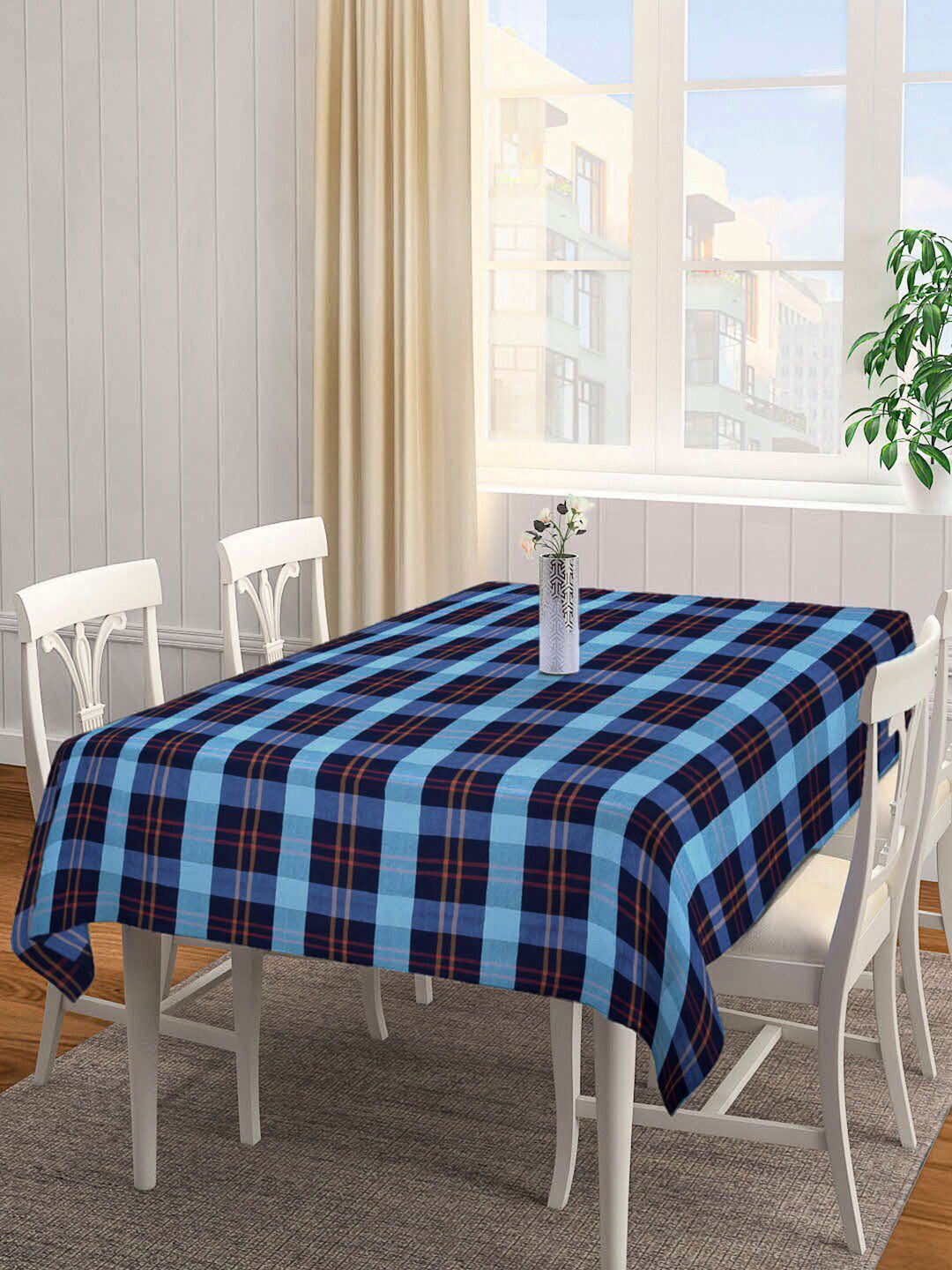 Arrabi Blue & Brown Checked 6 Seater Table Cover Price in India