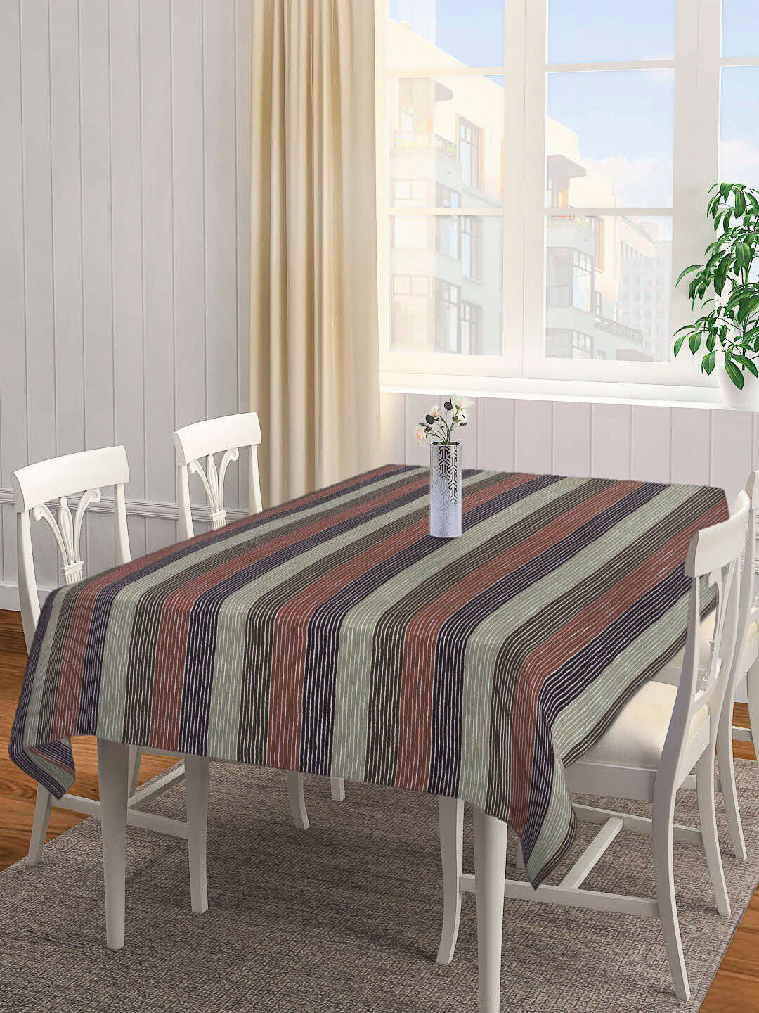 Arrabi Brown & Grey Striped Printed 6 Seater Table Cover Price in India