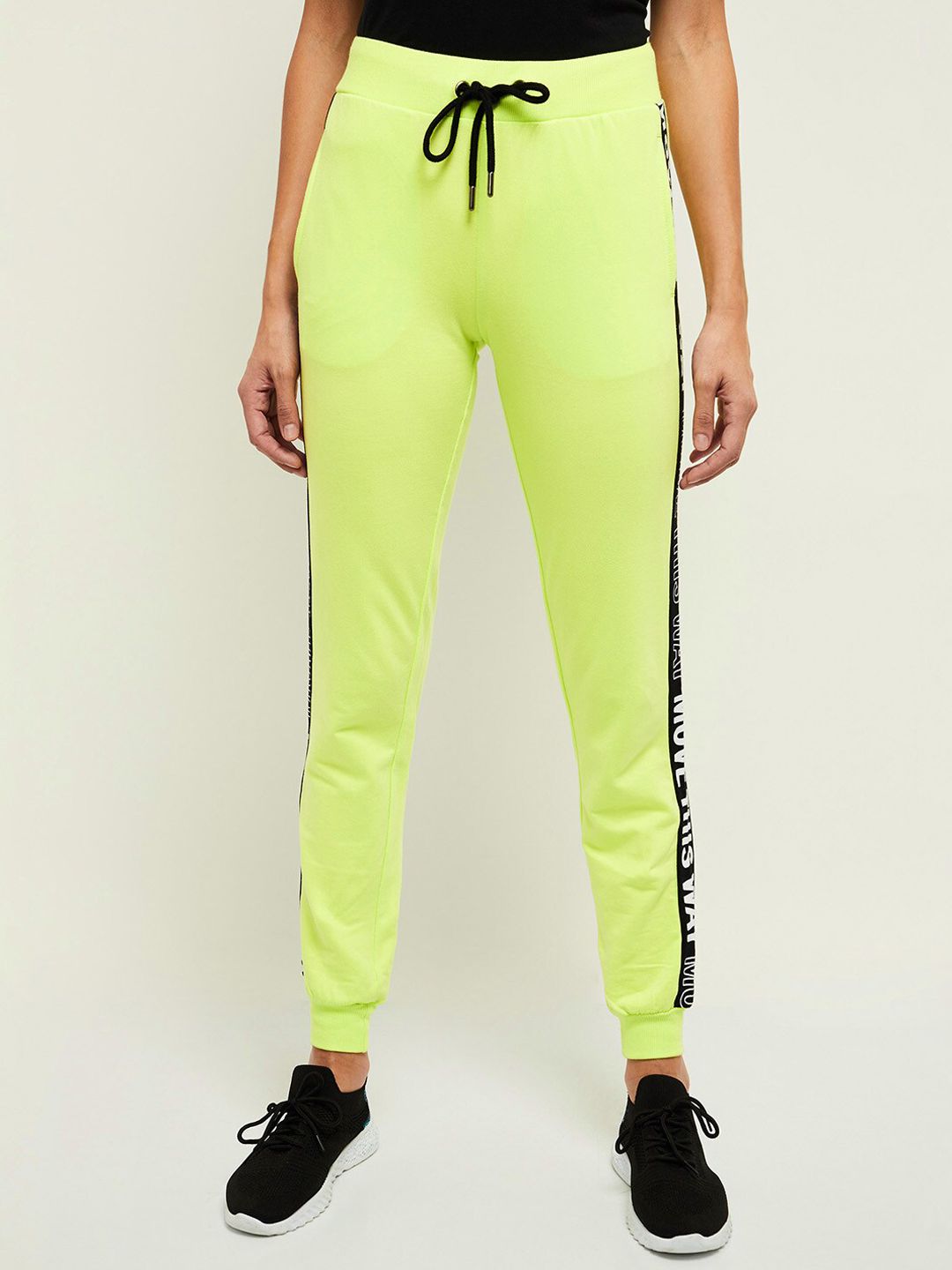 max Women Lime Green Typography Printed Cotton Joggers Price in India