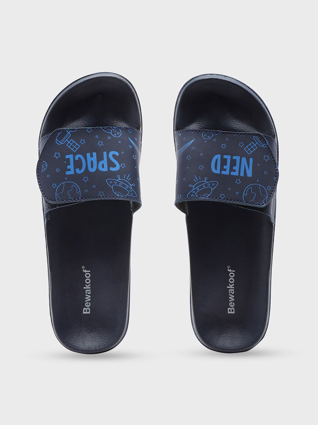 Bewakoof Women Blue & Black Printed Lightweight Adjustable Strap Rubber Sliders Price in India