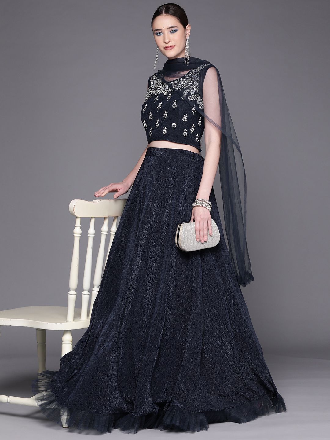 Mitera Women Navy Blue & Silver Embroidered Lehenga & Blouse With Dupatta Price in India