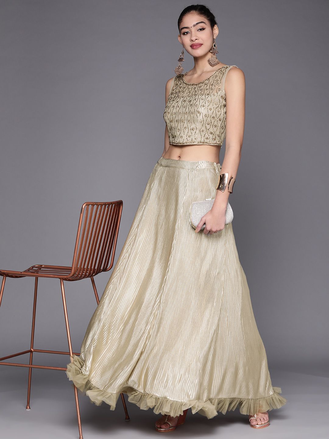 Mitera Women Beige & Golden Embroidered Lehenga & Blouse With Dupatta Price in India