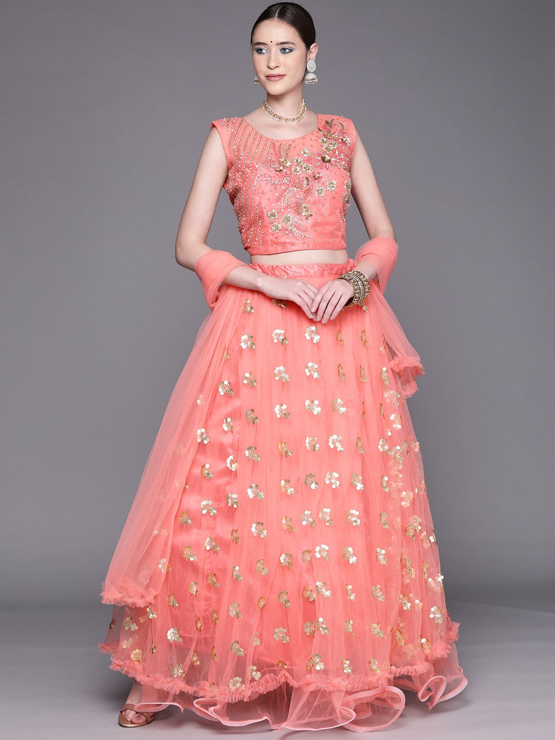 Mitera Women Peach-Coloured & Golden Embroidered Lehenga & Blouse With Dupatta Price in India