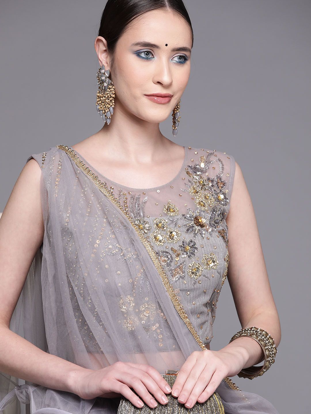Mitera Women Grey & Golden Embroidered Lehenga & Blouse With Dupatta Price in India